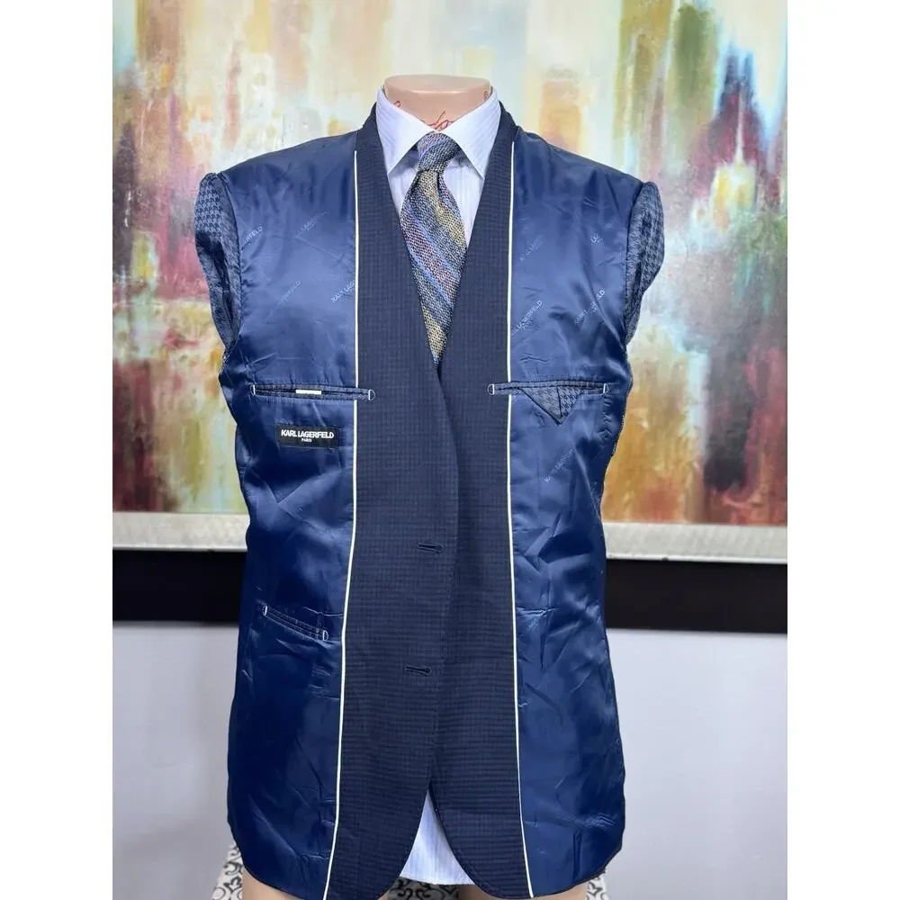 Karl Lagerfield Mens Navy Plaid 42L 2 Piece Suit Pants 36/32